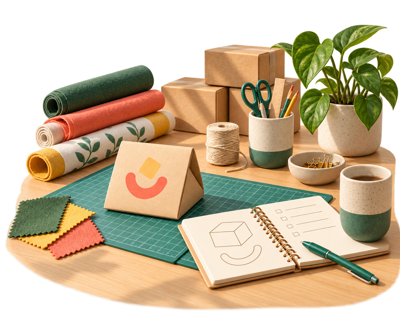 A sunny maker’s worktable with fabric rolls, a cutting mat, packing boxes and an open planning notebook.